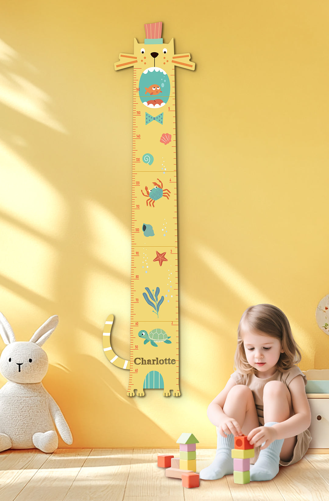 Personalised Wooden Cat Growth Chart for Kids Room