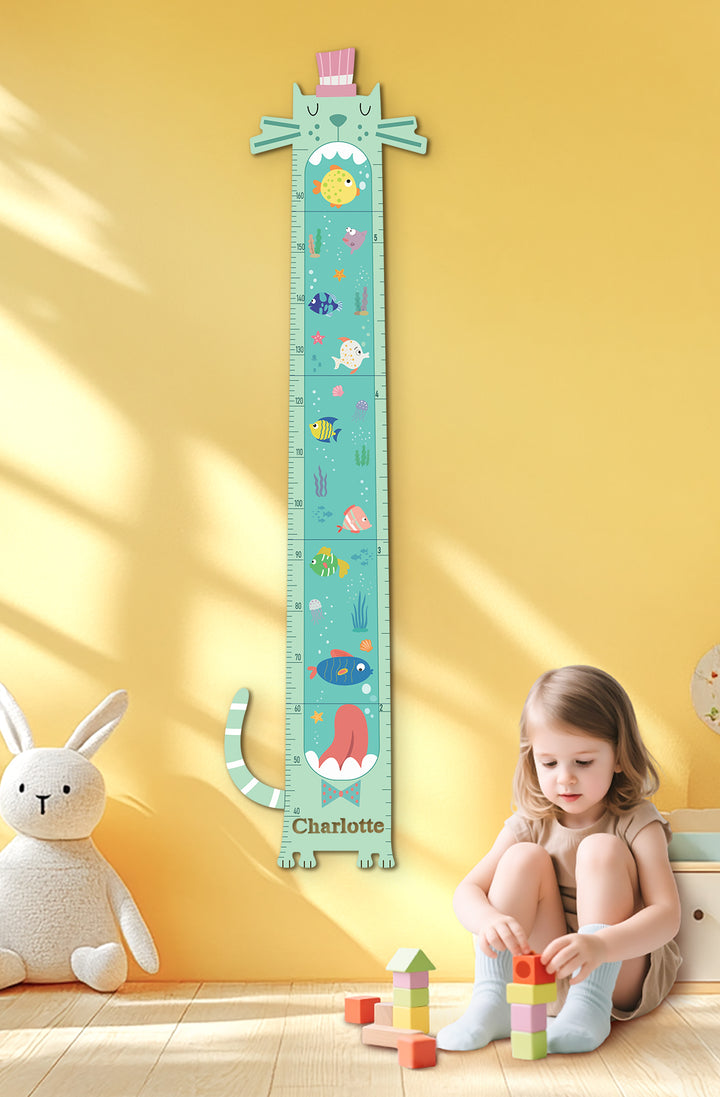 Personalised Wooden Ocean Cat Growth Chart for Kids