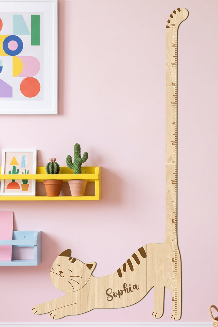 Personalised Wooden Cat Growth Chart for Kids Nursery Decor