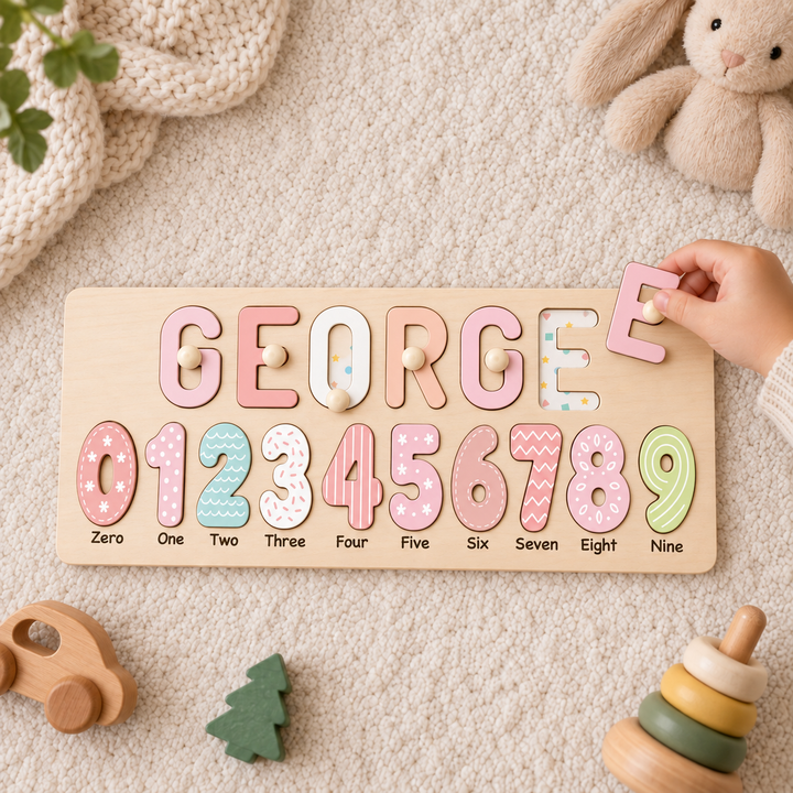 Personalized Wooden Name Puzzle with Numbers & Shapes woodemon