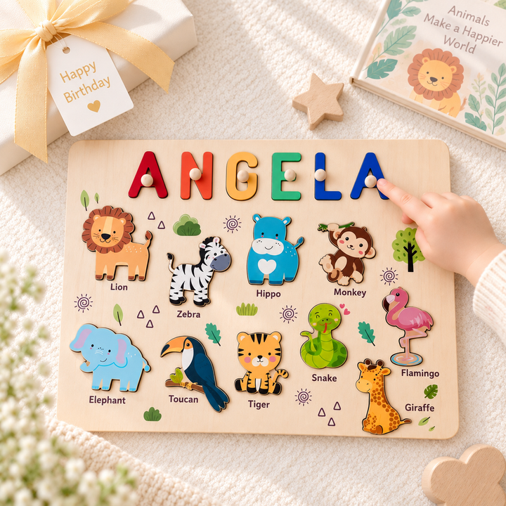 Personalised Wooden Name Puzzle - Safari Animal Learning Toy for Toddlers