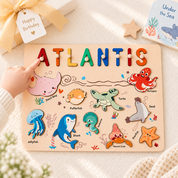Personalised Wooden Name Puzzle - Ocean Animal Toy for Toddlers