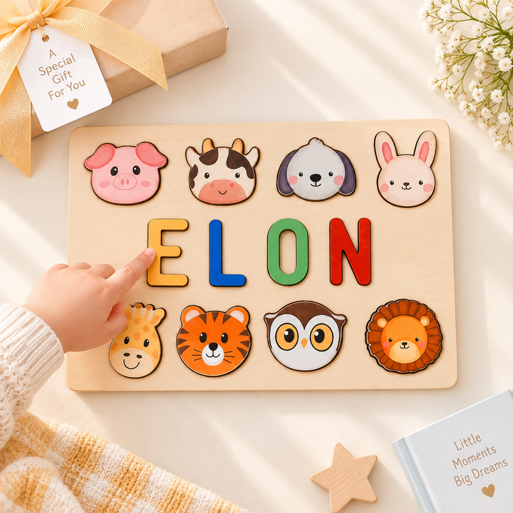 Personalised Wooden Baby Name Puzzle with Animals