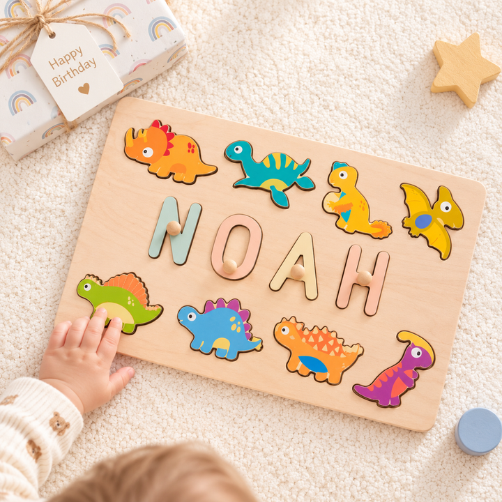 Personalised Wooden Baby Name Puzzle - Dinosaurs