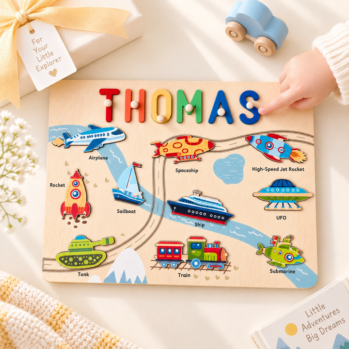 Personalised Wooden Name Puzzle - Vehicle Learning Toy for Toddlers