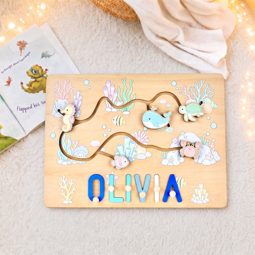 Personalized Montessori Ocean Sliding Name Puzzle Woodemon