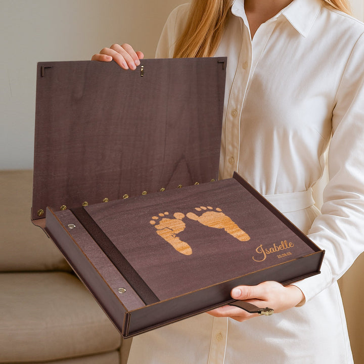 Personalised Baby Photo Album with Name & Birth Date – Wooden Footprint Design