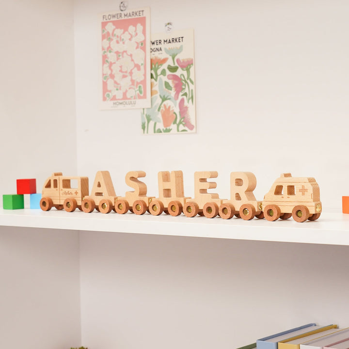 Personalised Wooden Ambulance Train Set With Name