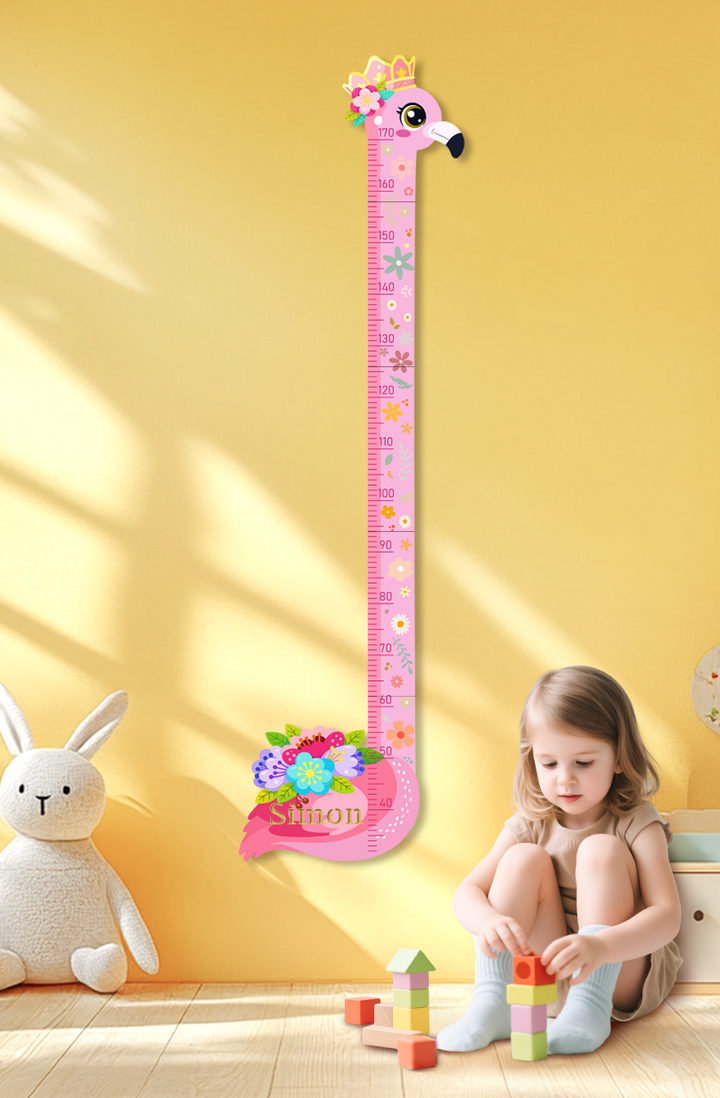 Personalised Pink Flower Flamingo Wooden Growth Chart for Kids