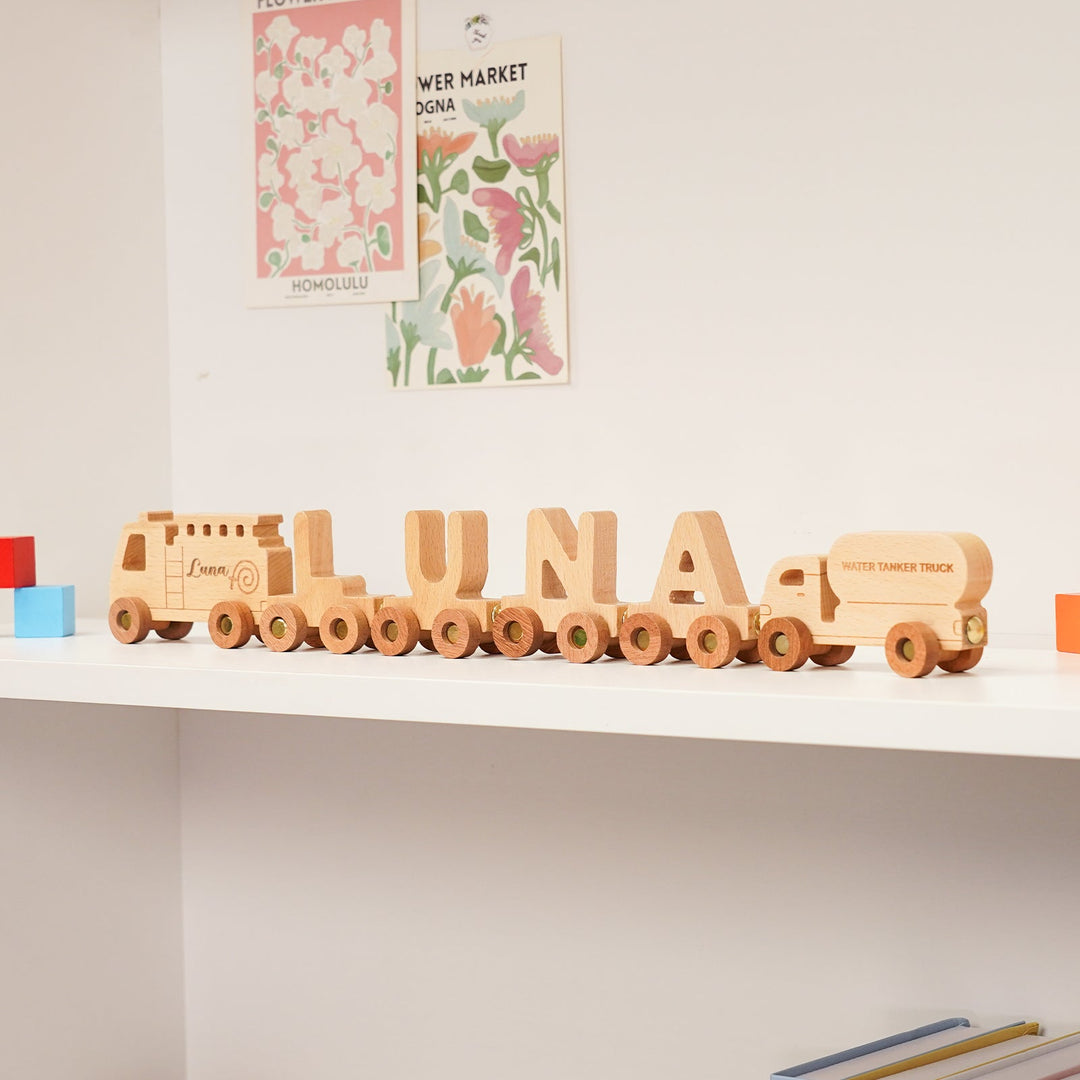 Personalised Wooden Fire Truck Train Set With Name