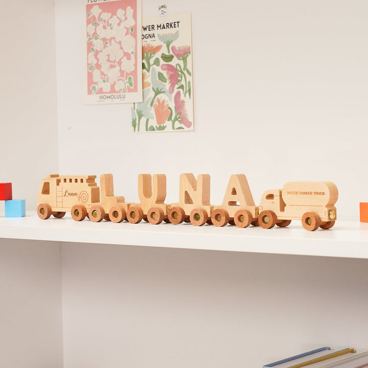 Personalised Wooden Fire Truck Train Set With Name