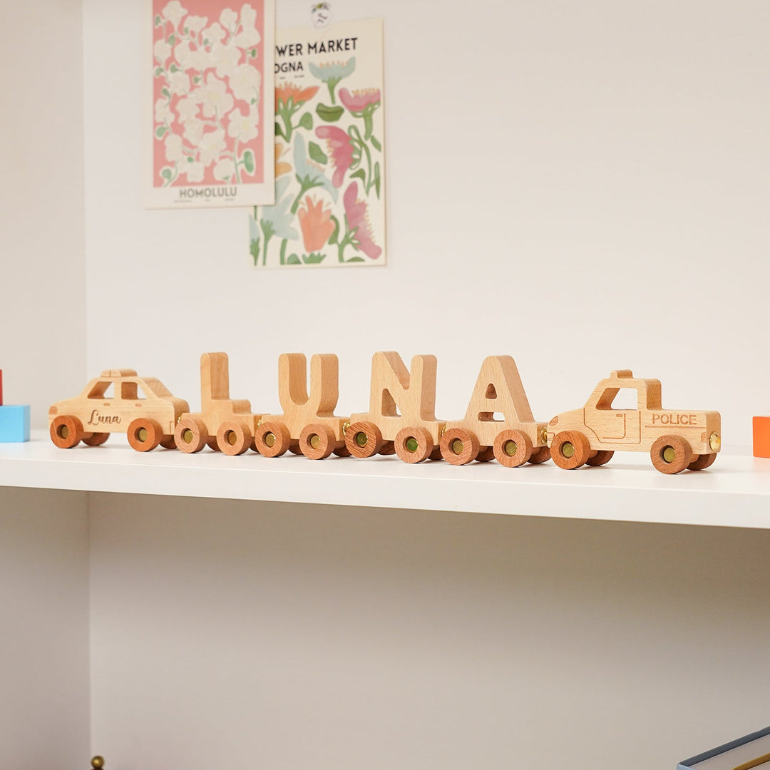 Personalised Wooden Police Car Train Set With Name