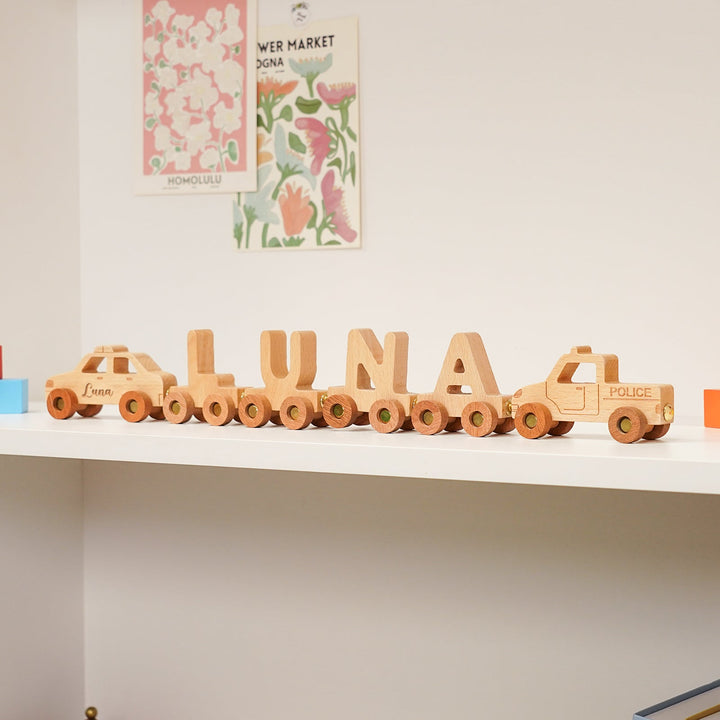 Personalised Wooden Police Car Train Set With Name