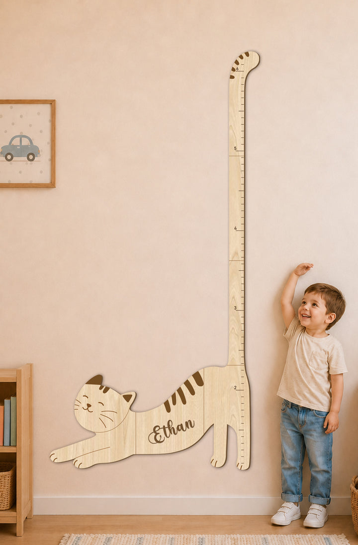 Personalised Wooden Cat Growth Chart for Kids Nursery Decor
