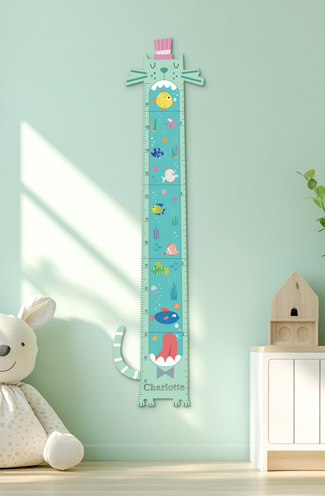 Personalised Wooden Ocean Cat Growth Chart for Kids
