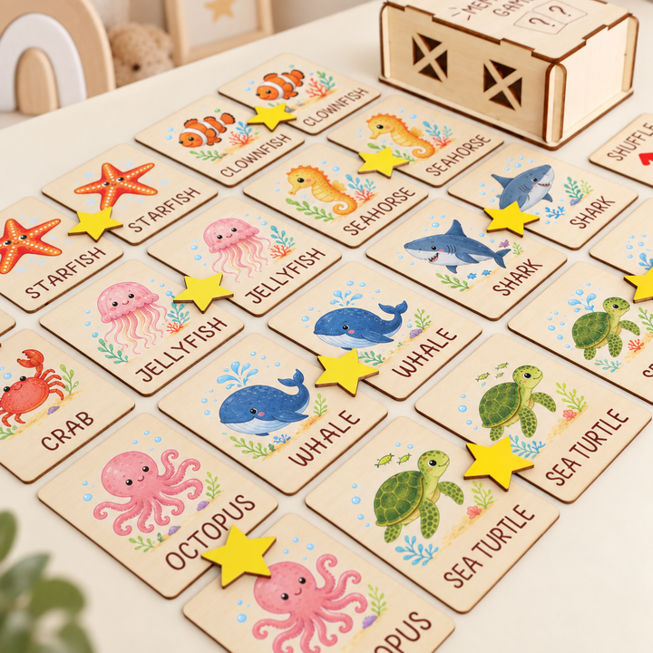Personalized Wooden Ocean Animal Memory Matching Game for Kids Woodemon