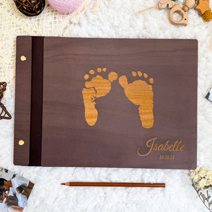 Personalised Baby Photo Album with Name & Birth Date – Wooden Footprint Design