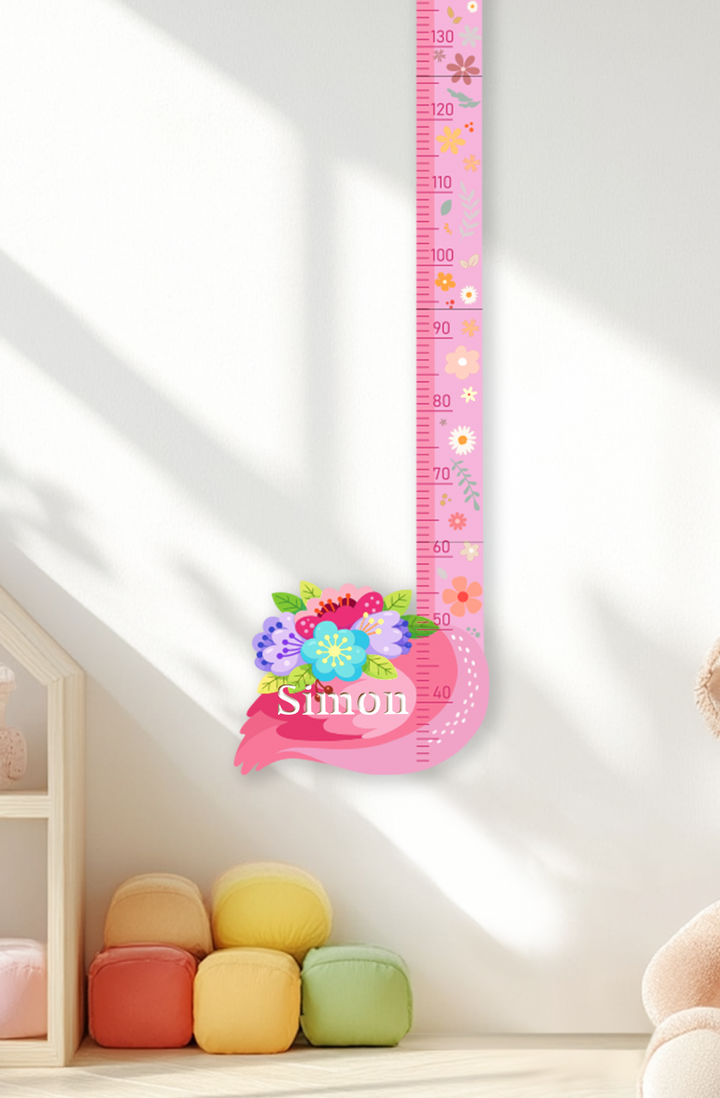 Personalised Pink Flower Flamingo Wooden Growth Chart for Kids
