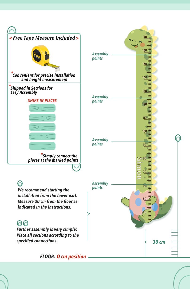 Personalised Wooden Cute Dinosaur Growth Chart for Kids