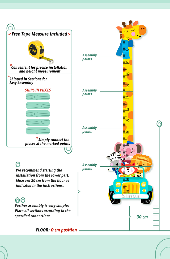 Personalised Wooden Safari Animals Growth Chart for Kids