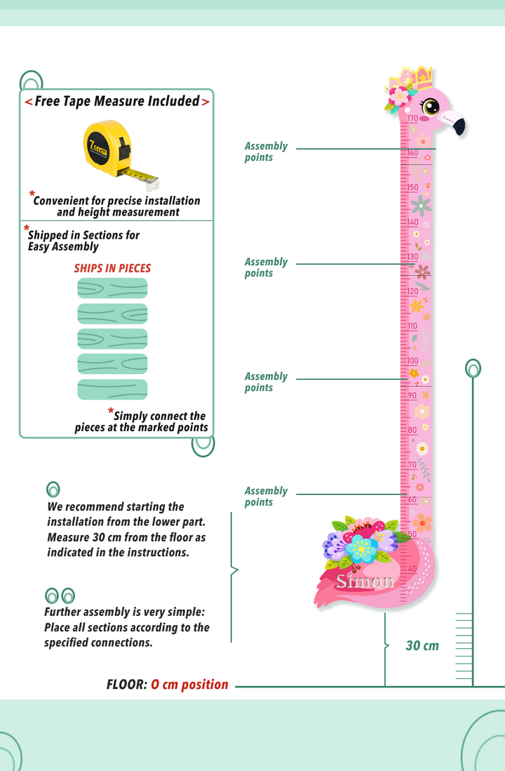 Personalised Pink Flower Flamingo Wooden Growth Chart for Kids