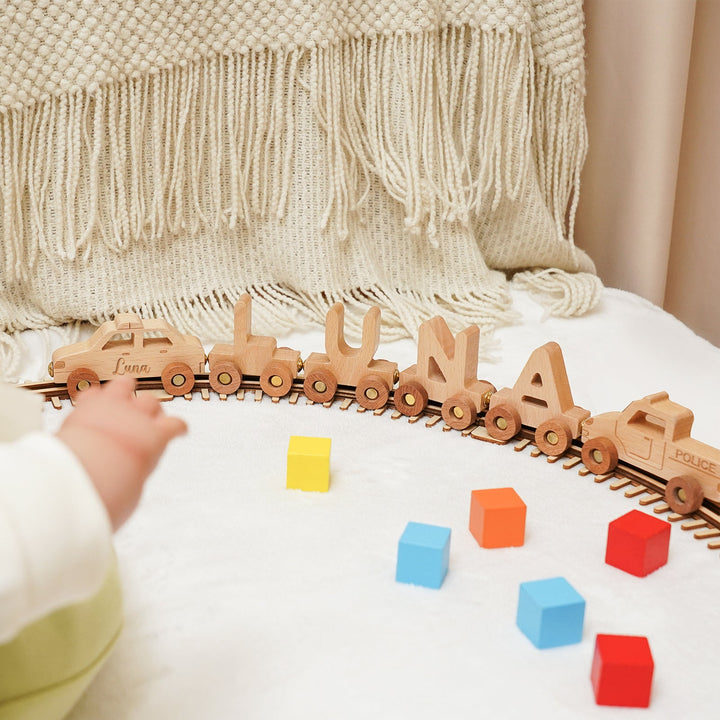 Personalised Wooden Police Car Train Set With Name
