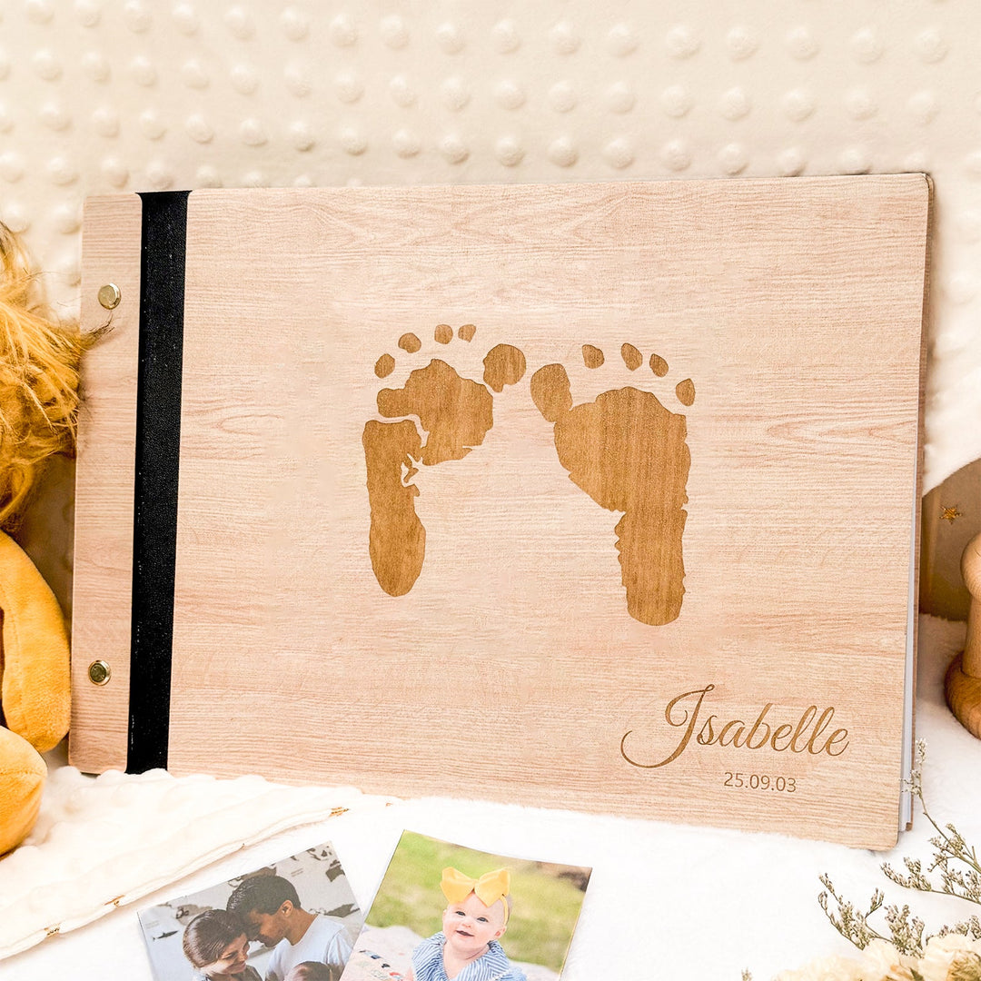 Personalised Baby Photo Album with Name & Birth Date – Wooden Footprint Design