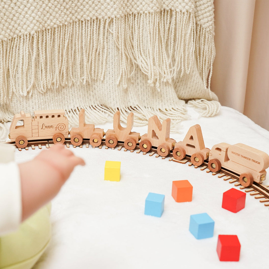 Personalised Wooden Fire Truck Train Set With Name