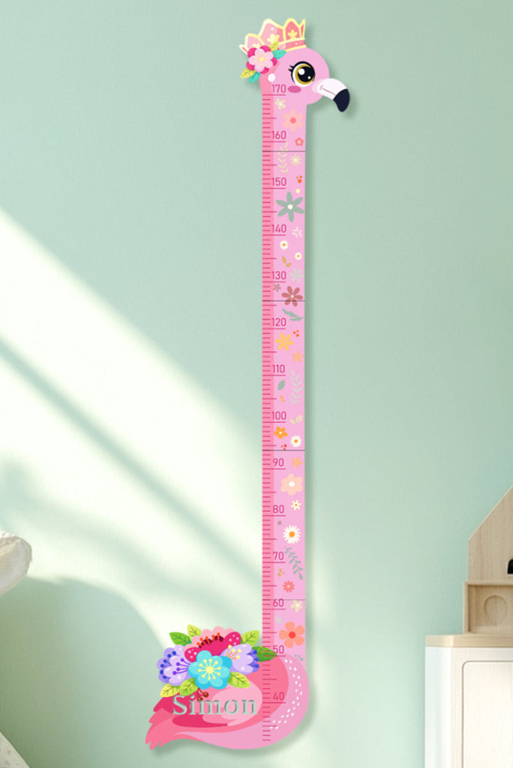 Personalised Pink Flower Flamingo Wooden Growth Chart for Kids