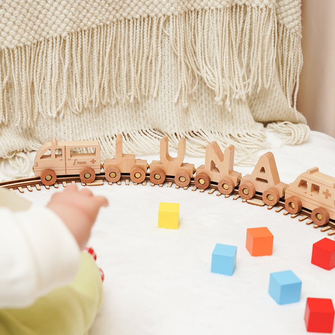Personalised Wooden Ambulance Train Set With Name