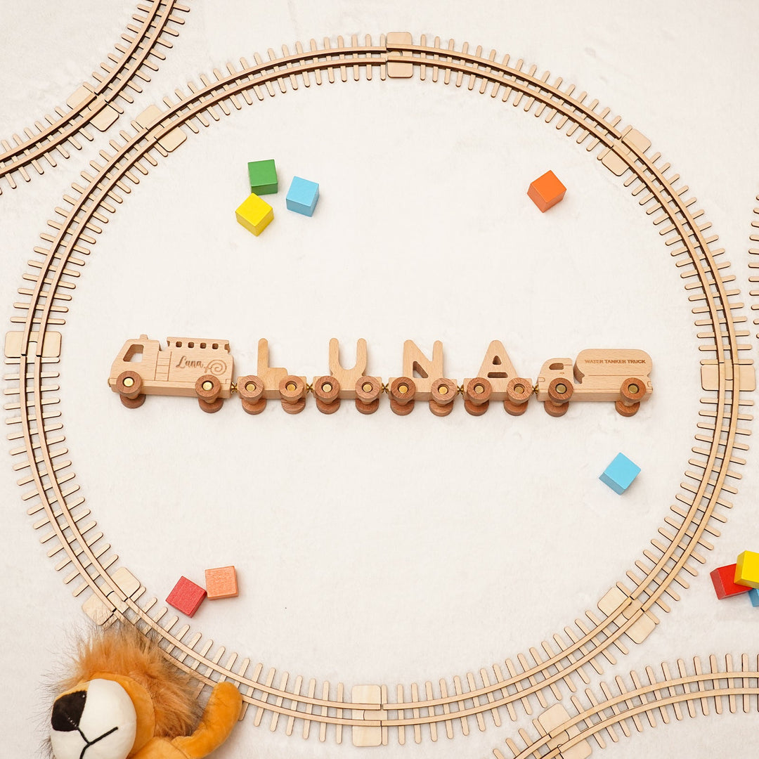 Personalised Wooden Fire Truck Train Set With Name