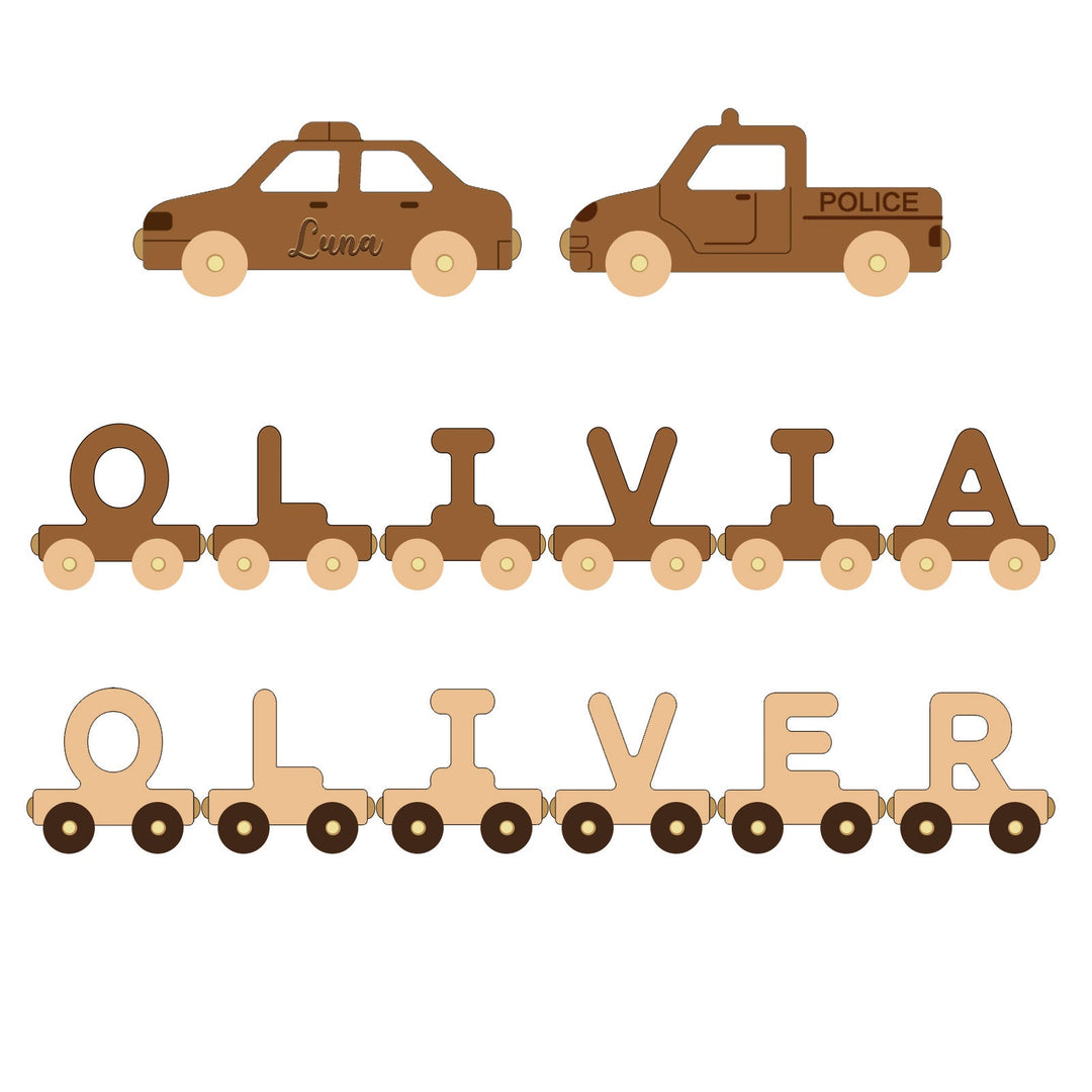 Personalised Wooden Police Car Train Set With Name