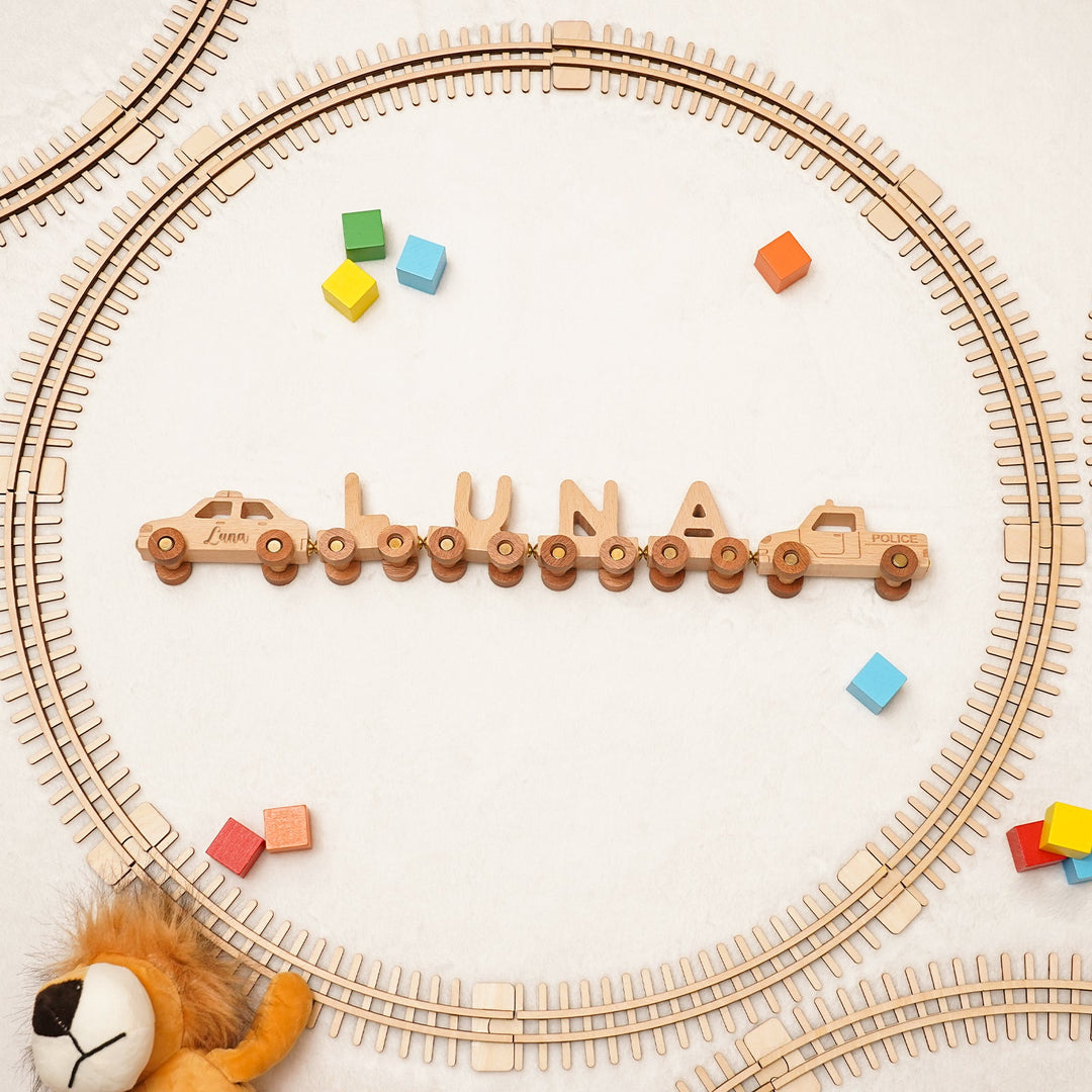 Personalised Wooden Police Car Train Set With Name