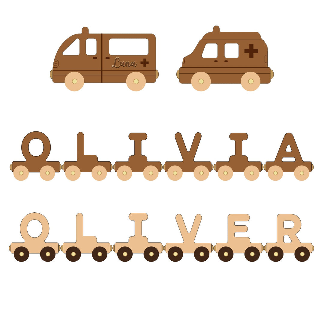 Personalised Wooden Ambulance Train Set With Name