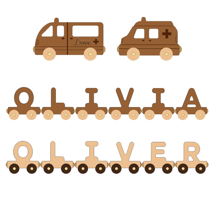 Personalised Wooden Ambulance Train Set With Name