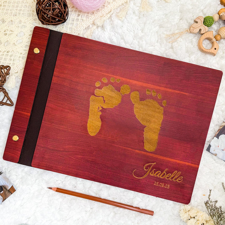Personalised Baby Photo Album with Name & Birth Date – Wooden Footprint Design