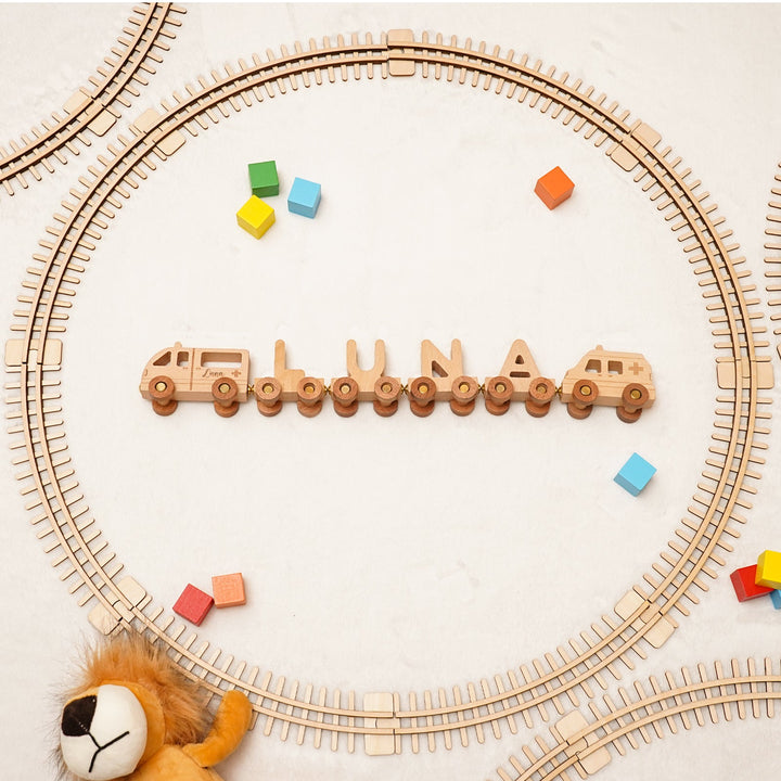 Personalised Wooden Ambulance Train Set With Name