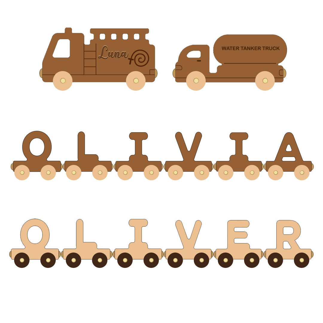Personalised Wooden Fire Truck Train Set With Name
