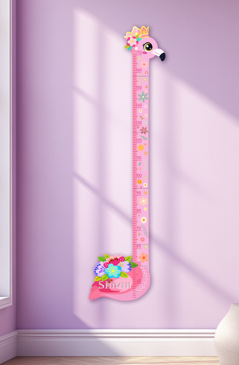 Personalised Pink Flower Flamingo Wooden Growth Chart for Kids