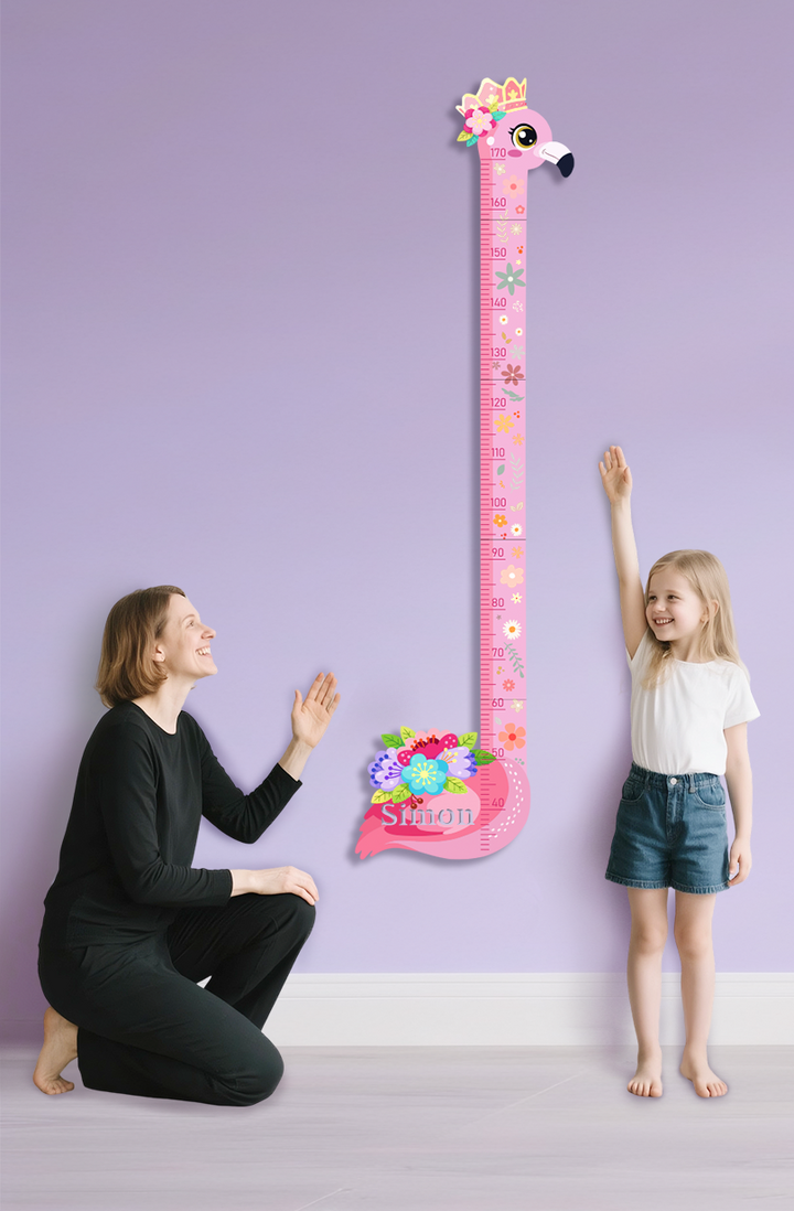 Personalised Pink Flower Flamingo Wooden Growth Chart for Kids