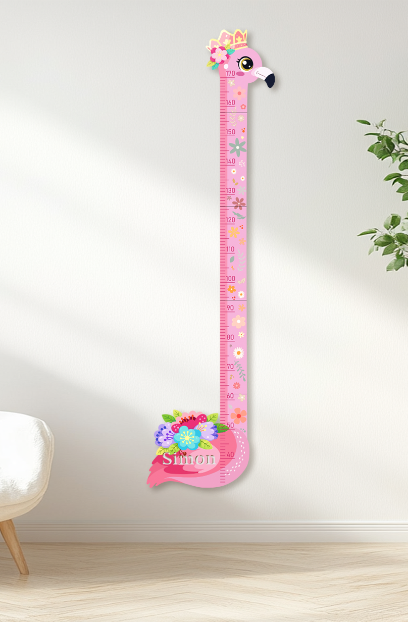 Personalised Pink Flower Flamingo Wooden Growth Chart for Kids