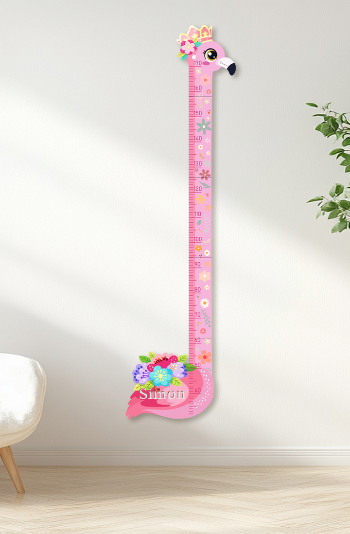Personalised Pink Flower Flamingo Wooden Growth Chart for Kids