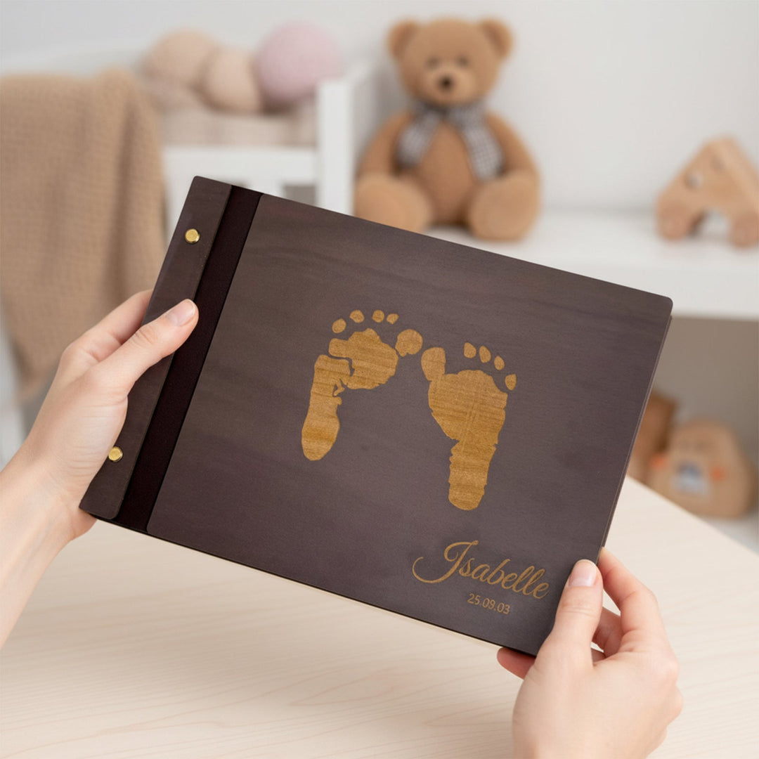 Personalised Baby Photo Album with Name & Birth Date – Wooden Footprint Design