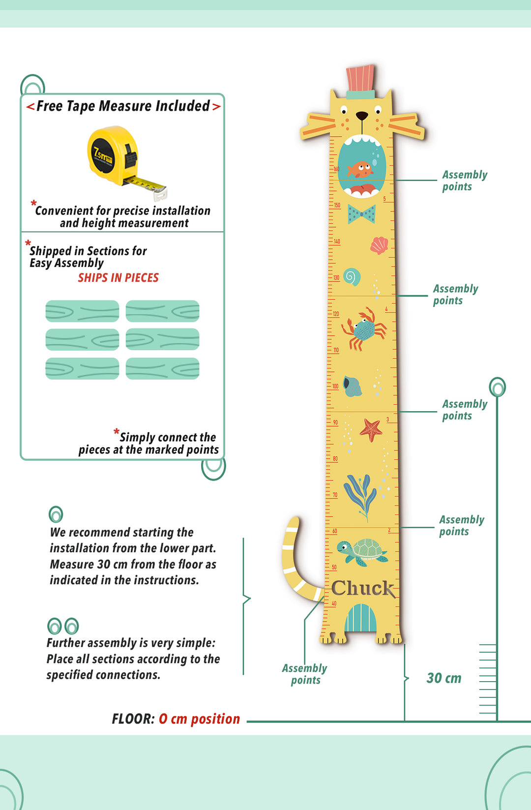 Personalised Wooden Cat Growth Chart for Kids Room