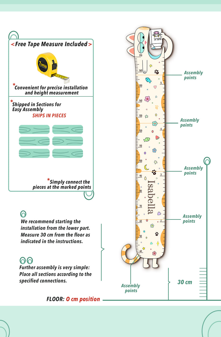 Personalised Wooden Milk Cat Growth Chart for Kids