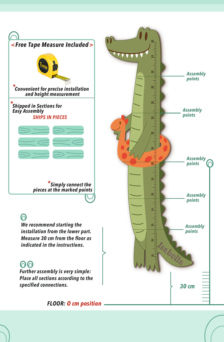 Personalised Wooden Crocodile Growth Chart for Kids Room