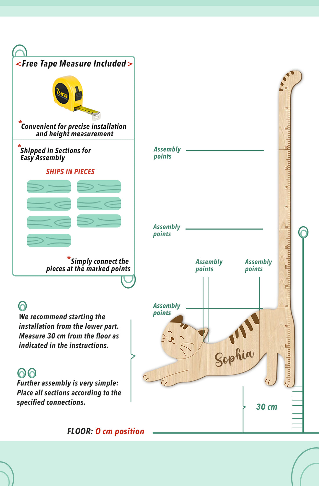 Personalised Wooden Cat Growth Chart for Kids Nursery Decor