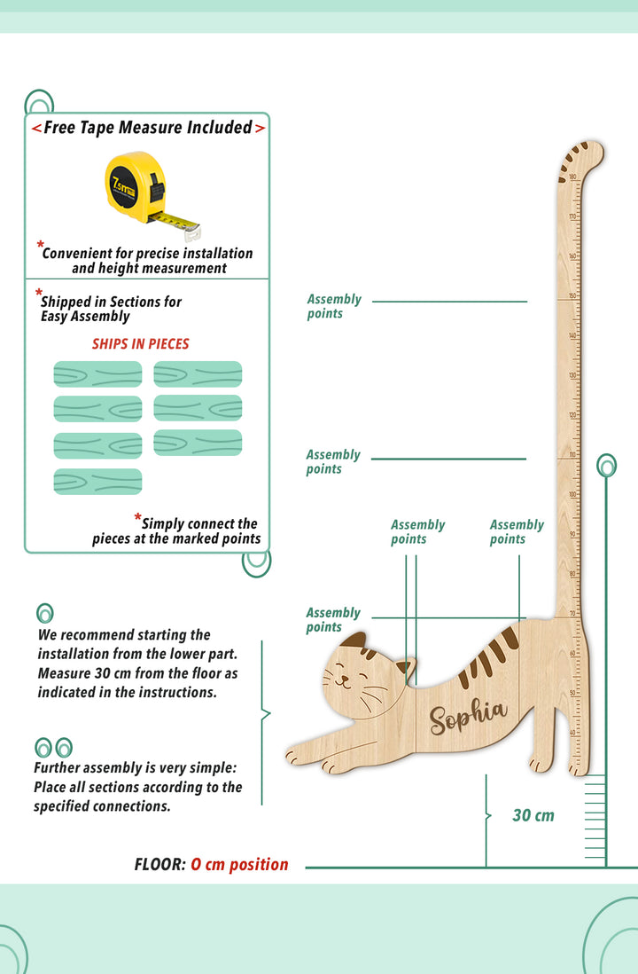 Personalised Wooden Cat Growth Chart for Kids Nursery Decor