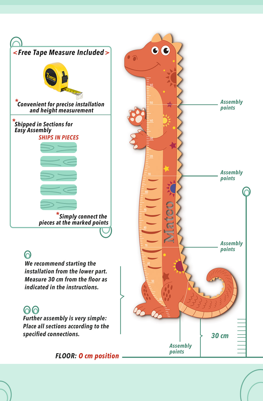 Personalised Wooden Dinosaur Growth Chart for Kids Room