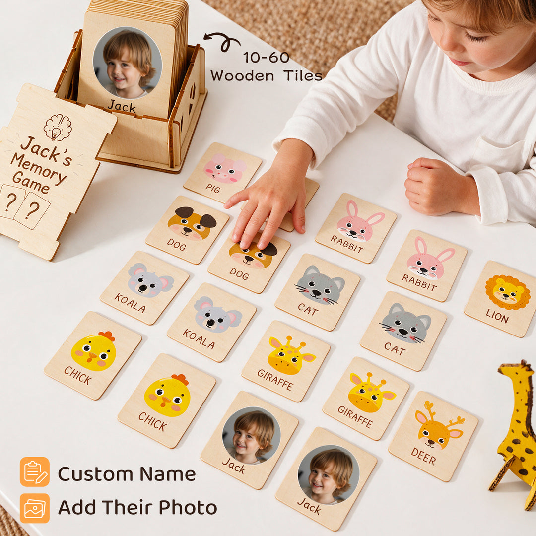 Personalised Wooden Animal Memory Matching Game for Kids